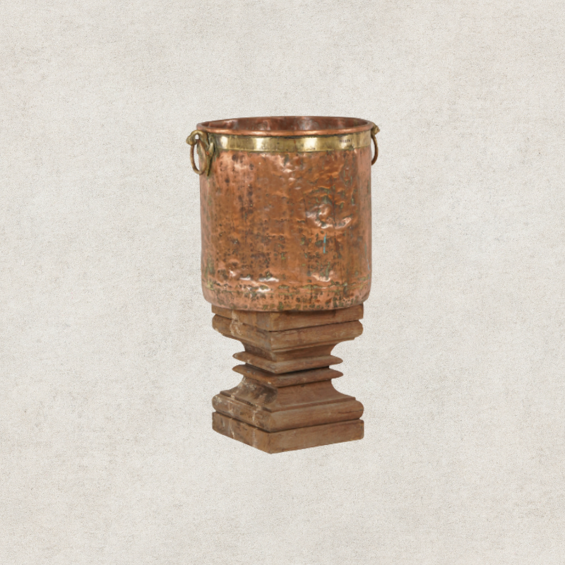 Copper Bucket With Teak Stand