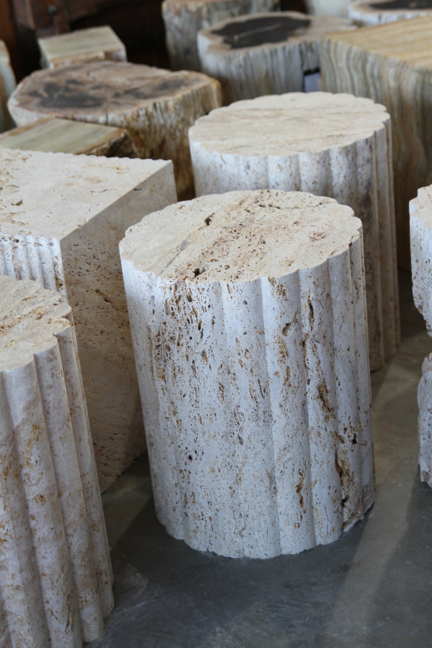 Round Travertine Floral Side Table