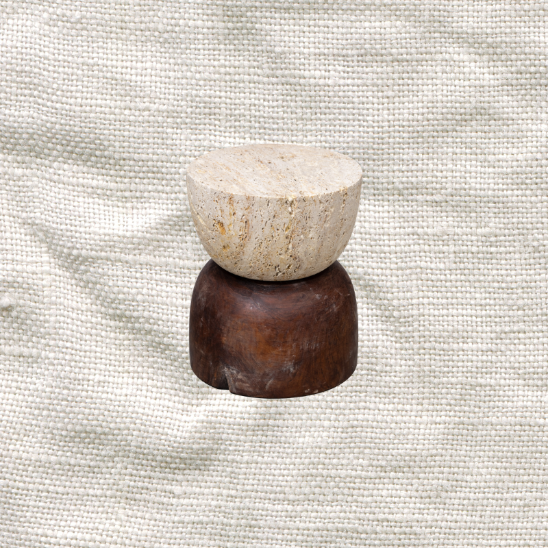 Teak and Travertine Side Table