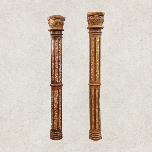 Round Teak and Bone Inlay Pillars