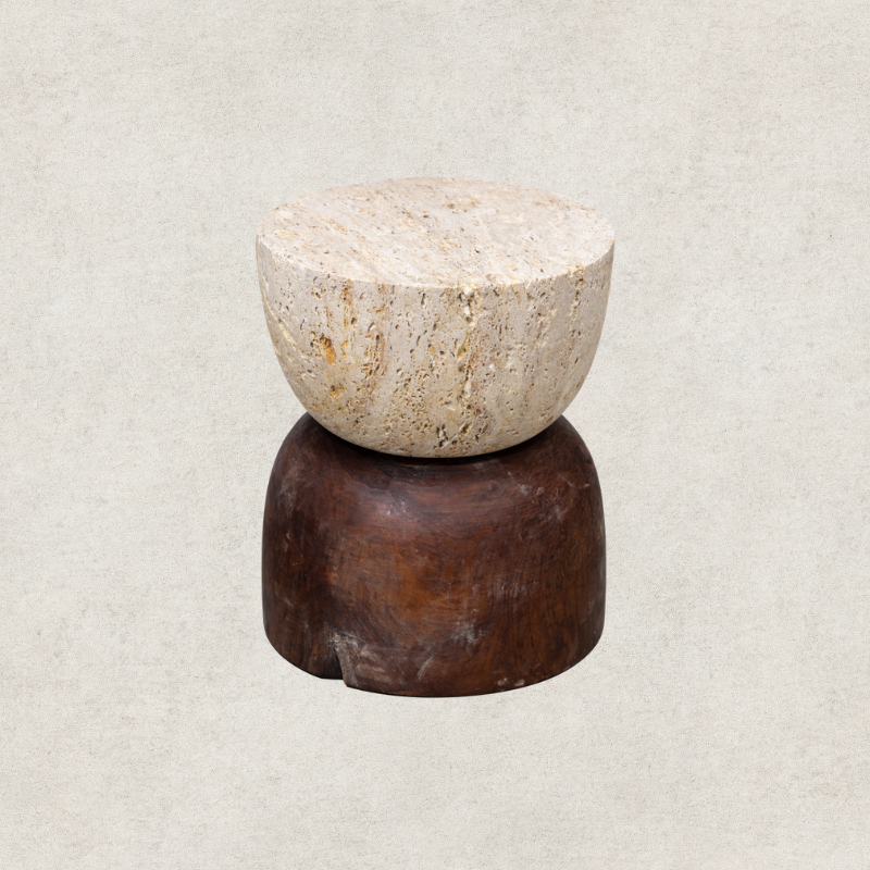 Teak and Travertine Side Table